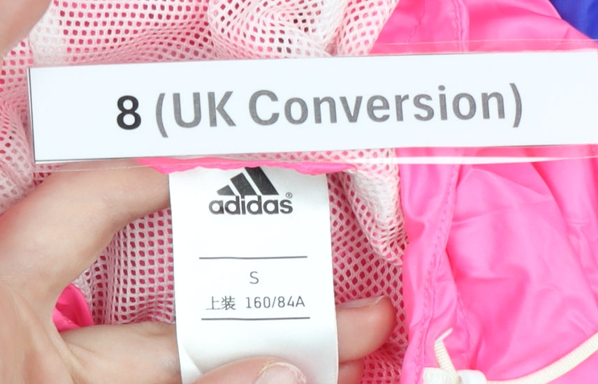 Adidas Womens Pink Blue Windbreaker Jacket Size 8 UK Hooded Full Zip