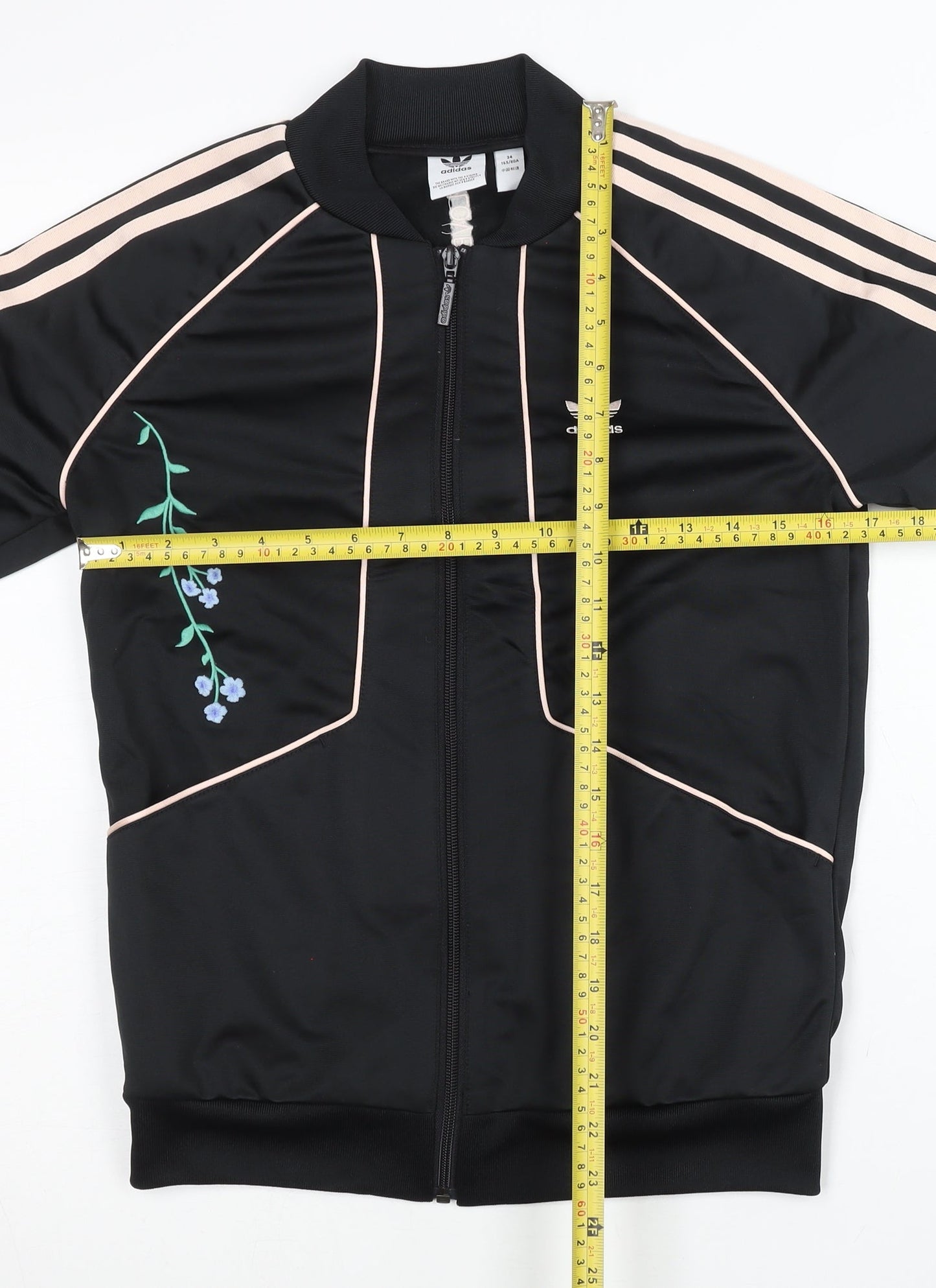 Adidas Womens Black Floral Track Jacket Size 8 Full Zip Polyester