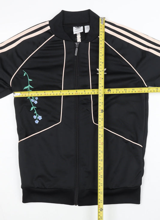 Adidas Womens Black Floral Track Jacket Size 8 Full Zip Polyester