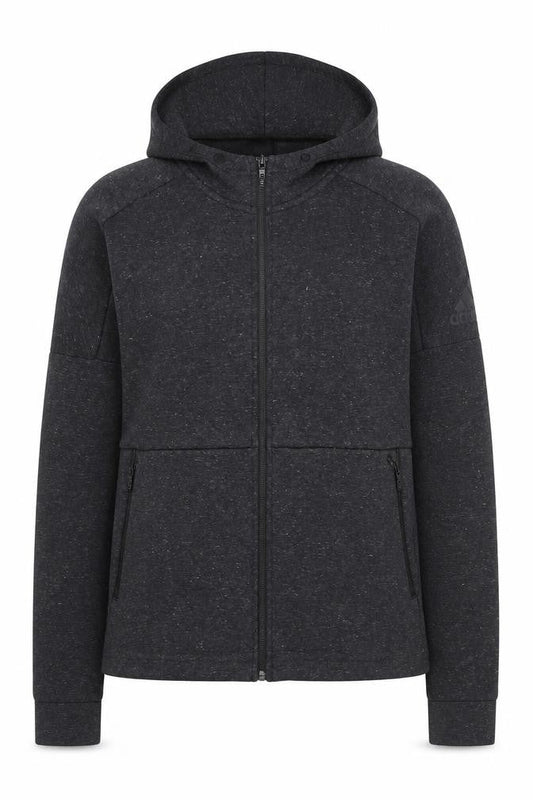 Front view of Adidas women’s black full zip hoodie, size UK 14, uk cotton blend