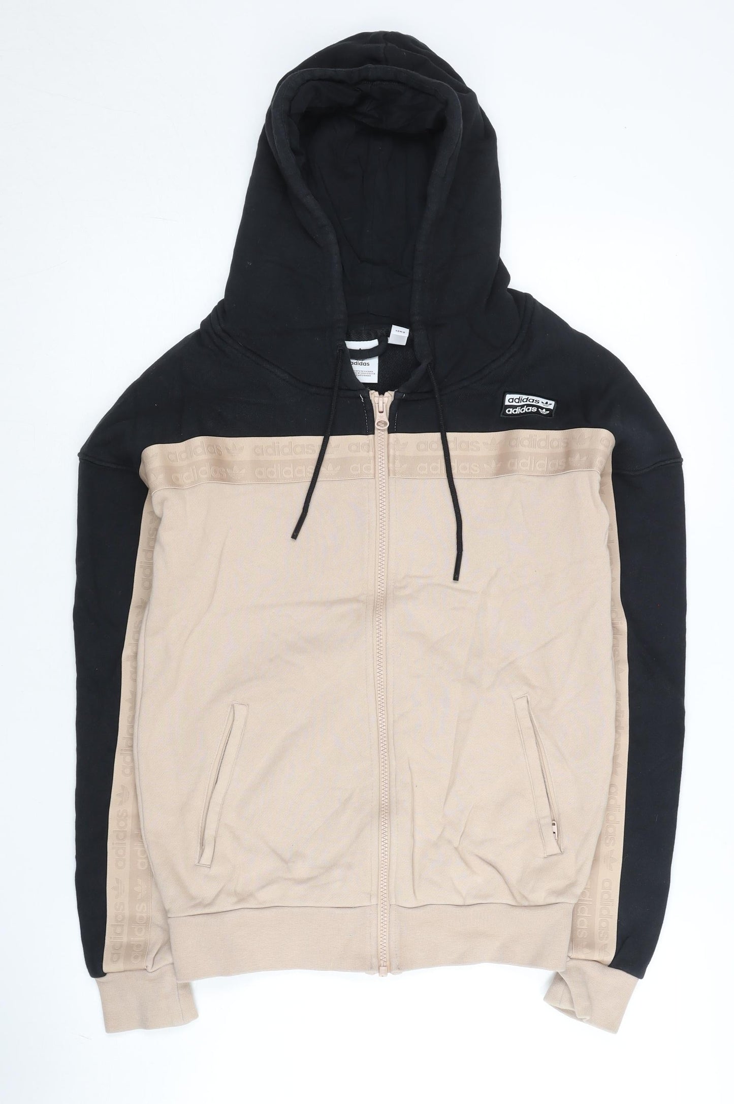 Adidas Womens Black Beige Full Zip Hoodie Size 8 Cotton Logo