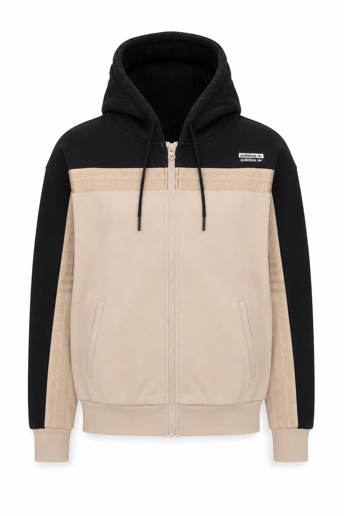 Front view of Adidas women’s black beige full zip hoodie, size UK 8, cotton logo