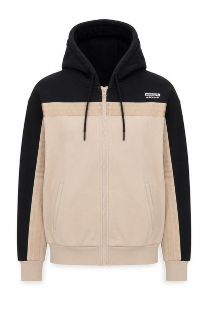 Front view of Adidas women’s black beige full zip hoodie, size UK 8, cotton logo