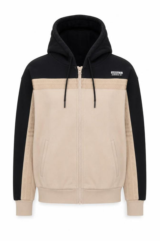 Front view of Adidas women’s black beige full zip hoodie, size UK 8, cotton logo