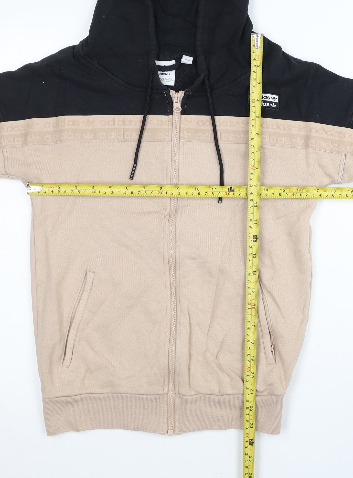 Adidas Womens Black Beige Full Zip Hoodie Size 8 Cotton Logo