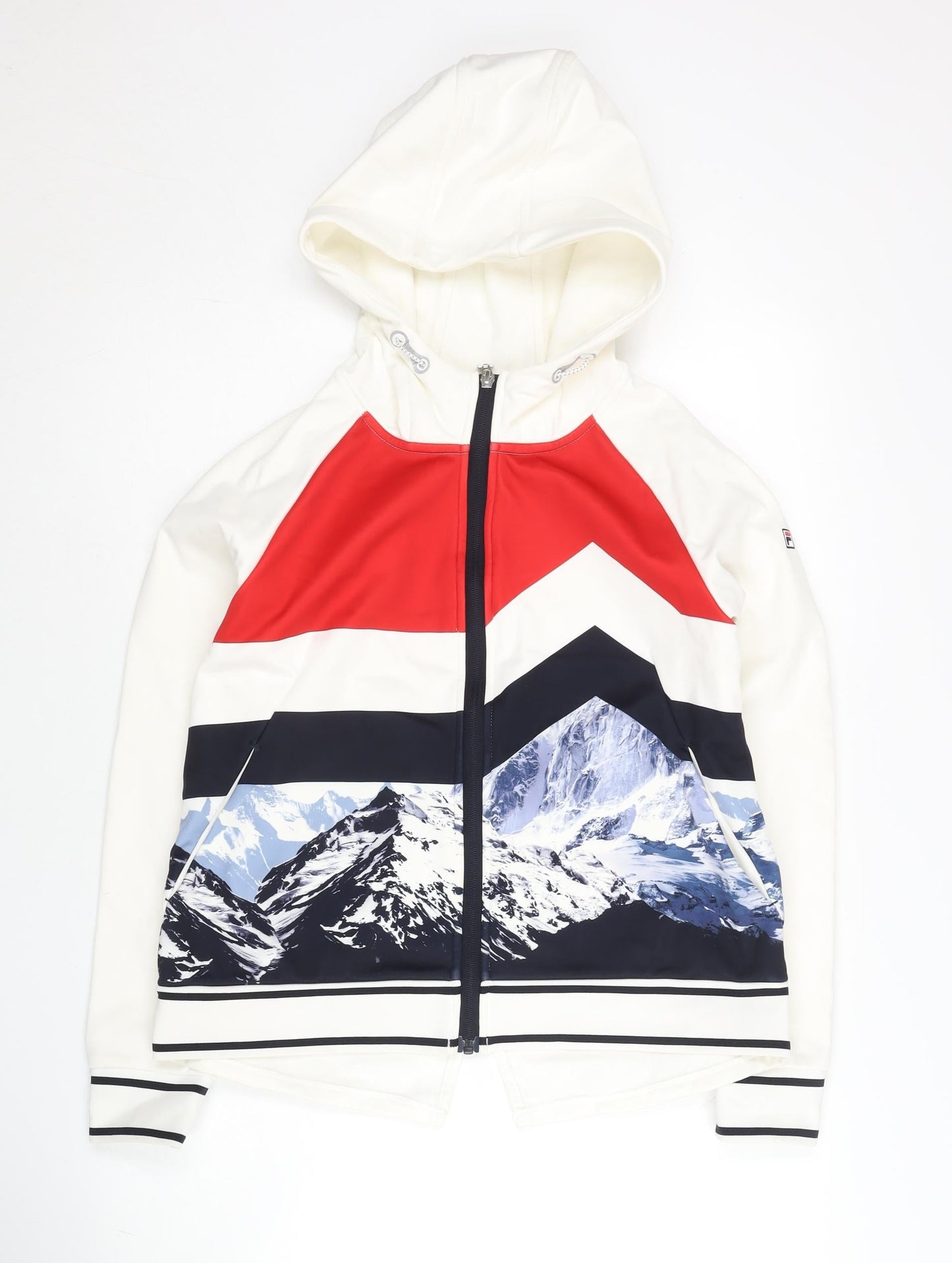 Fila Women’s White Track Jacket Size 8 Geometric Hooded Full Zip
