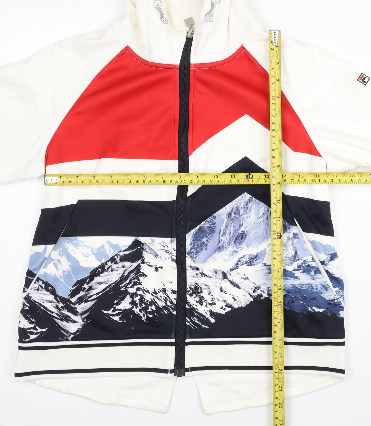 Fila Women’s White Track Jacket Size 8 Geometric Hooded Full Zip