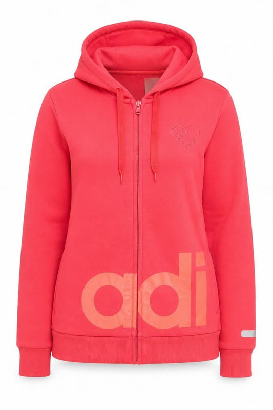 Front view of Adidas women’s pink full zip hoodie, size UK 12, regular fit logo