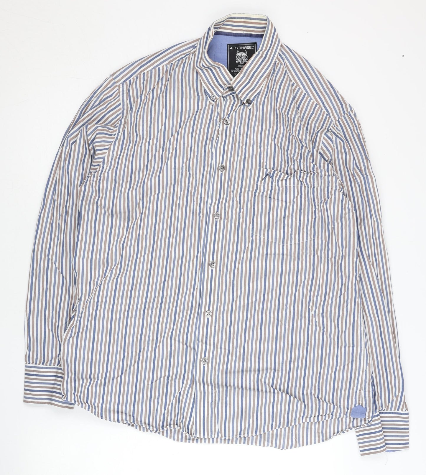 Austin Reed Mens Large Blue Striped Cotton Long Sleeve Shirt