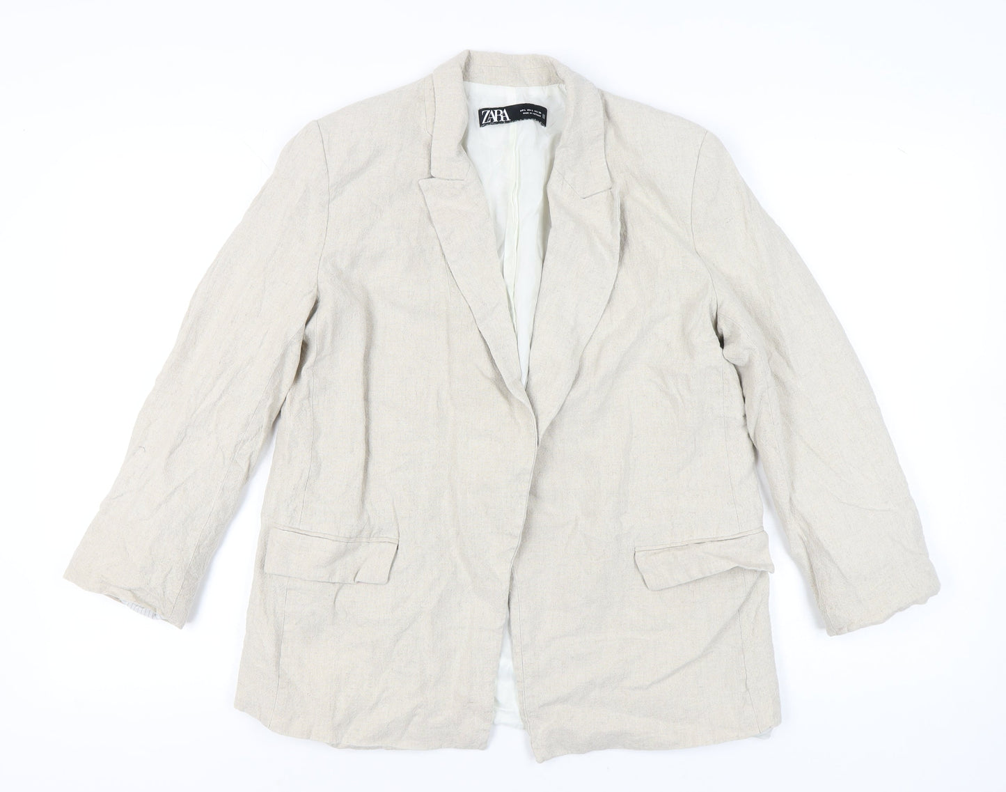 Zara Womens Beige Linen-Blend Blazer Jacket Size L Regular Fit