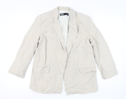 Zara Womens Beige Linen-Blend Blazer Jacket Size L Regular Fit