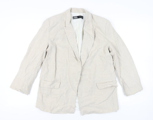 Zara Womens Beige Linen-Blend Blazer Jacket Size L Regular Fit