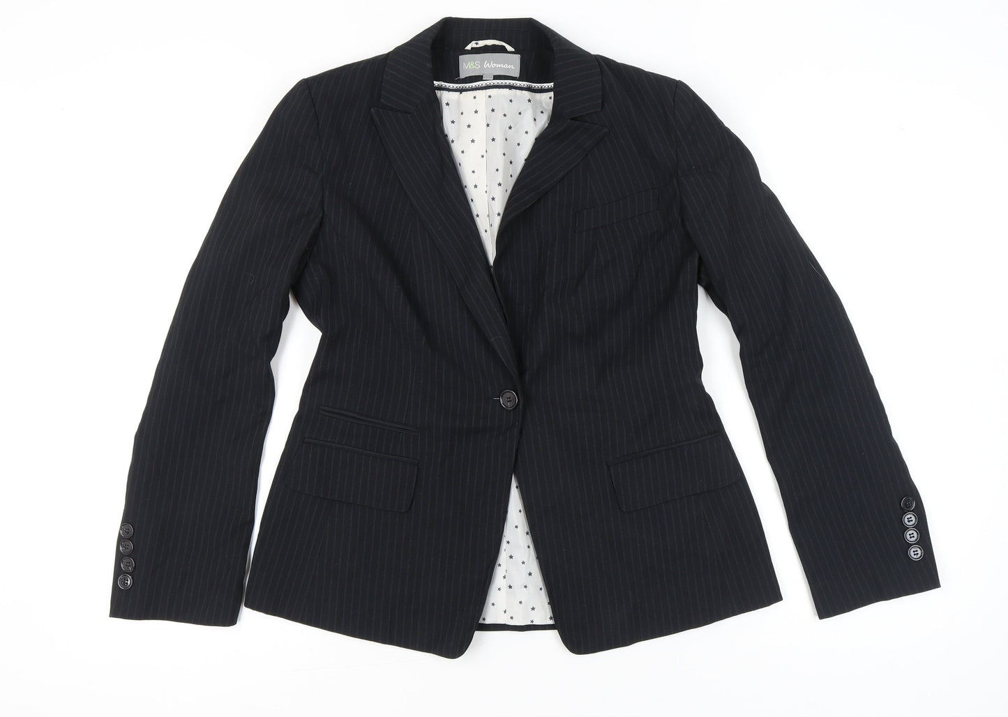 Marks and Spencer Women Black Pinstripe Blazer UK 12 Work Jacket