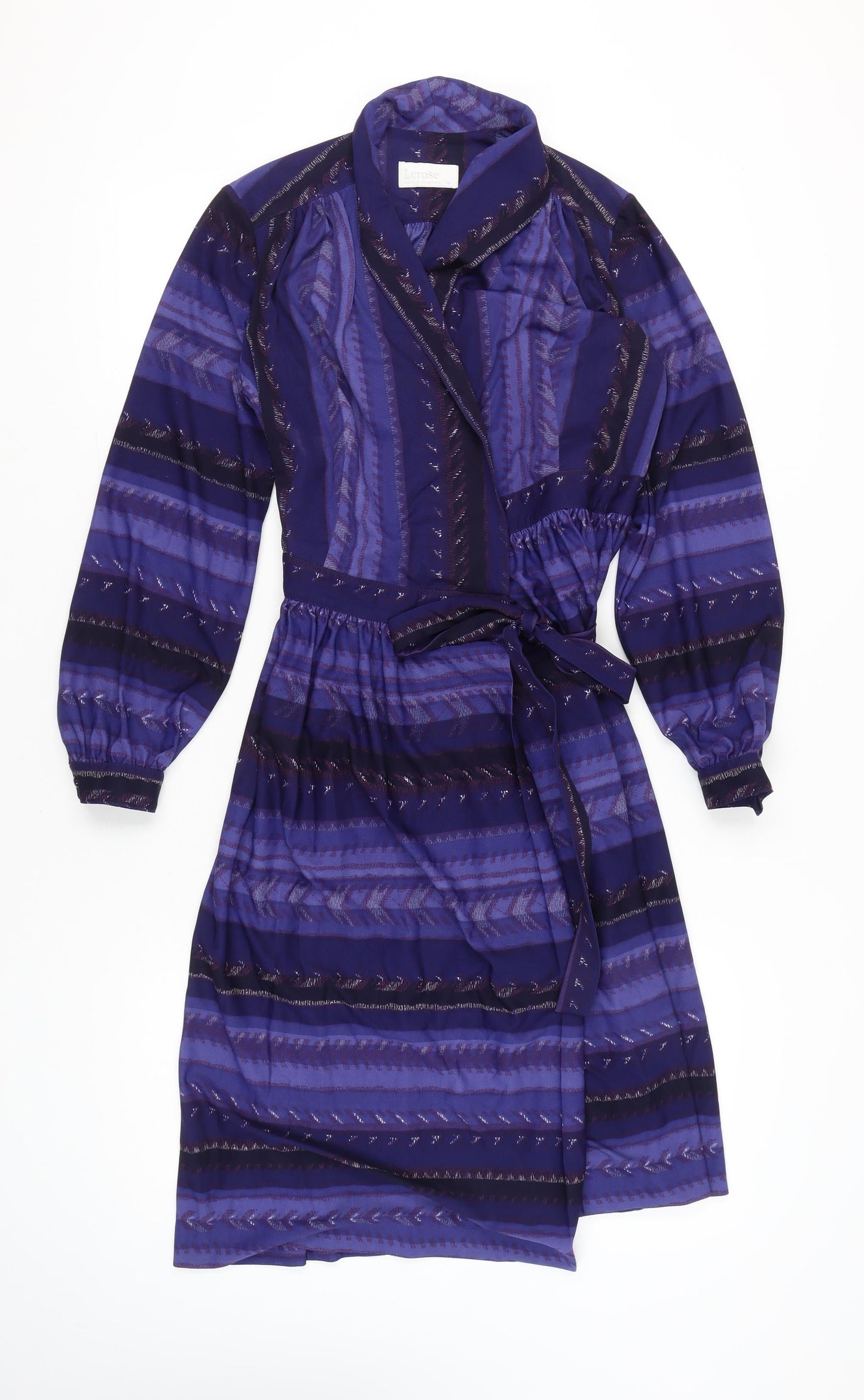 Lerose Women’s Purple Striped Vintage Wrap Dress Size 12 Long Sleeve