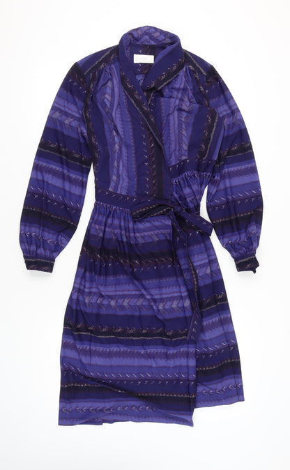 Lerose Women’s Purple Striped Vintage Wrap Dress Size 12 Long Sleeve