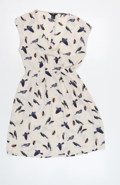 H&M Women’s Beige Bird Print A-Line Dress Size 6 Sleeveless V-Neck
