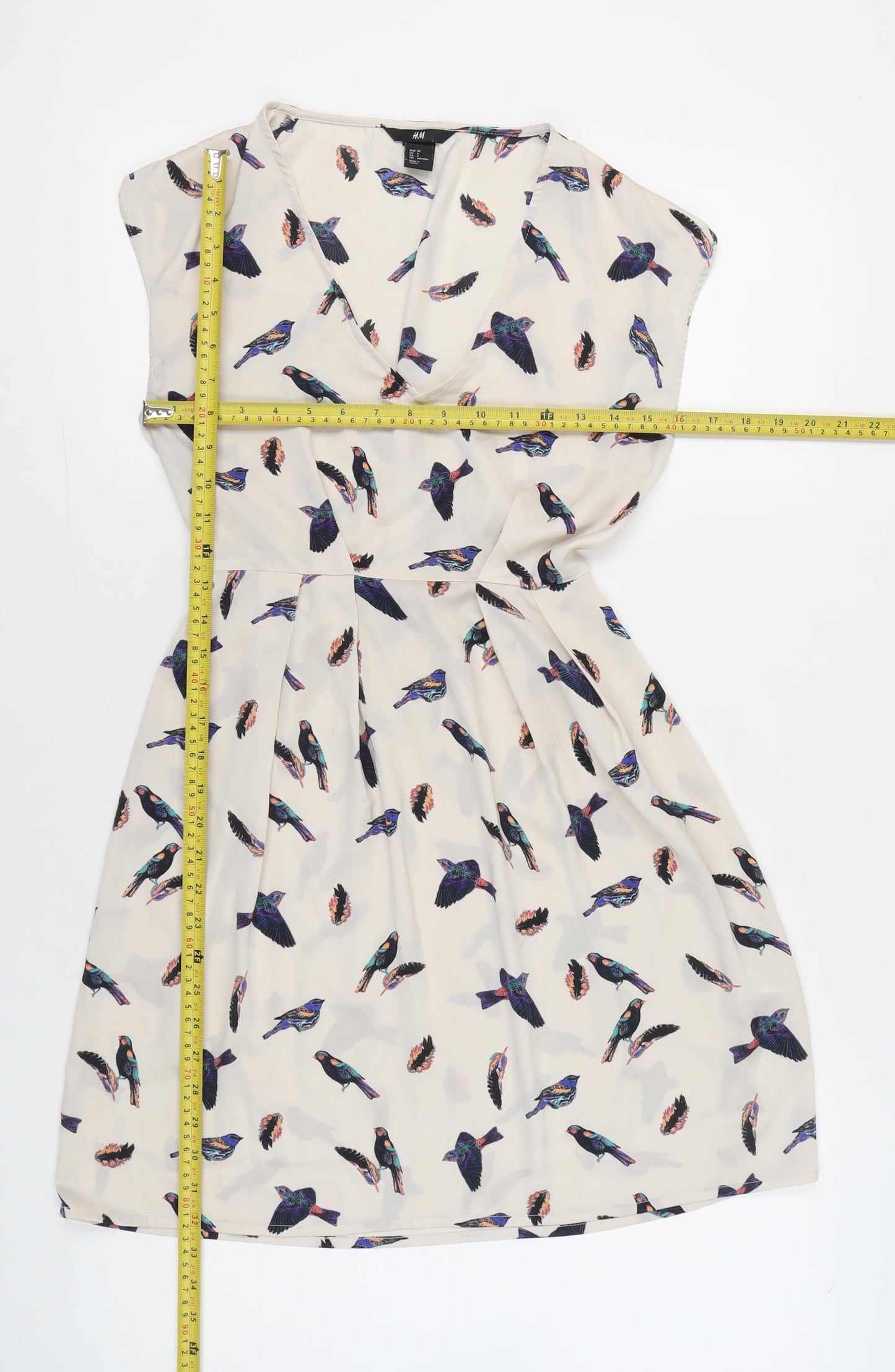 H&M Women’s Beige Bird Print A-Line Dress Size 6 Sleeveless V-Neck