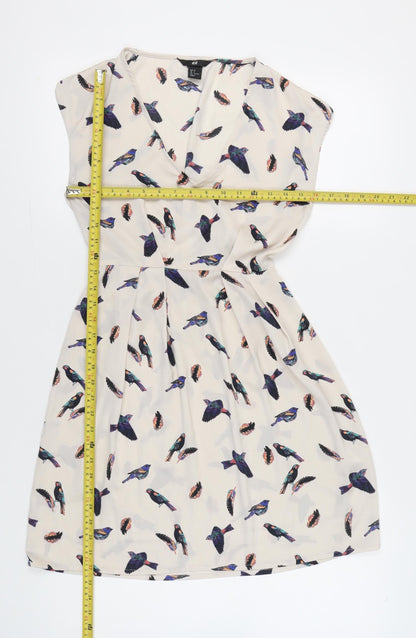 H&M Women’s Beige Bird Print A-Line Dress Size 6 Sleeveless V-Neck