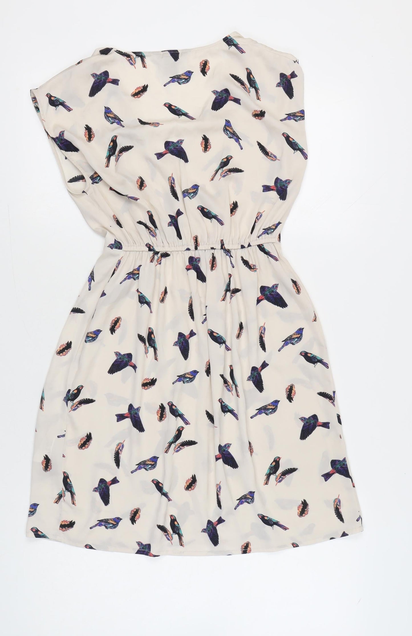 H&M Women’s Beige Bird Print A-Line Dress Size 6 Sleeveless V-Neck