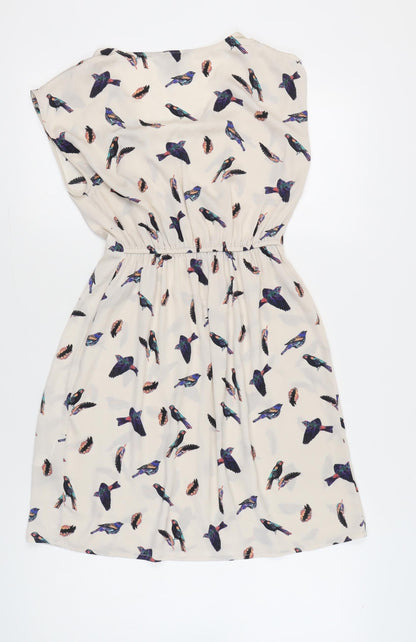 H&M Women’s Beige Bird Print A-Line Dress Size 6 Sleeveless V-Neck