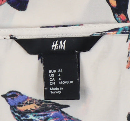 H&M Women’s Beige Bird Print A-Line Dress Size 6 Sleeveless V-Neck