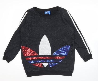 Adidas Women Black Sequin Logo Sweatshirt UK 8 Long Sleeve