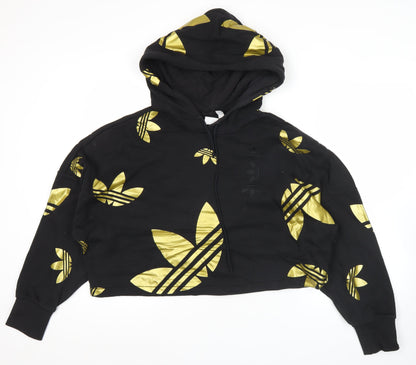 Adidas Womens Black Gold Logo Hoodie Size 10 Pullover Hooded Sweatshirt