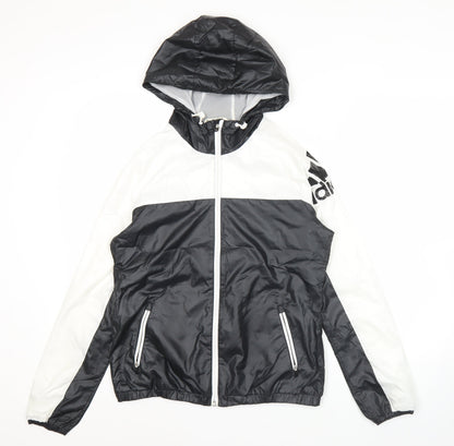 Adidas Womens Black White Size 12 Windbreaker Jacket Hooded