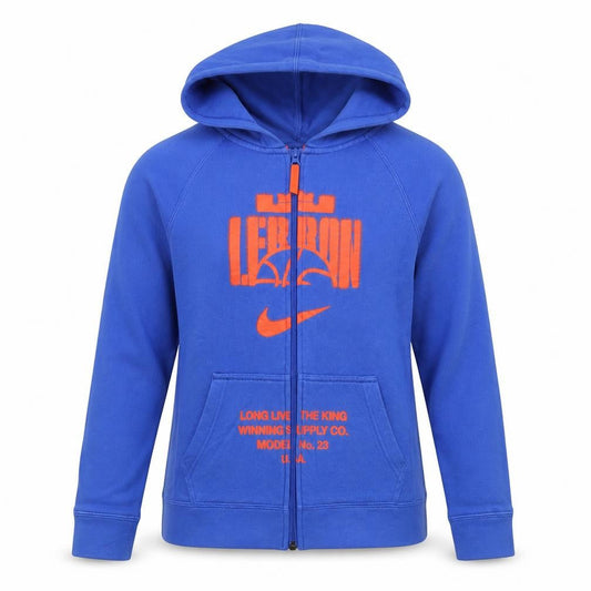 Front view of Nike LeBron unisex blue full zip hoodie, size M, basketball activewear
