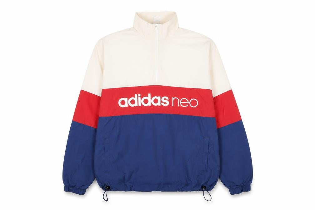 Front view of Adidas Neo Men’s XS Colour Block 1/4 Zip Sweatshirt White Red Blue