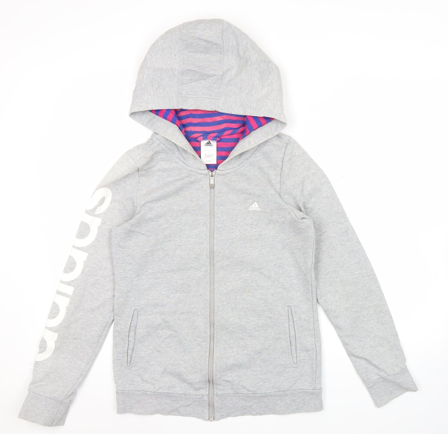 Adidas Women Grey Full Zip Hoodie Size 10 Regular Fit Logo Sportswear