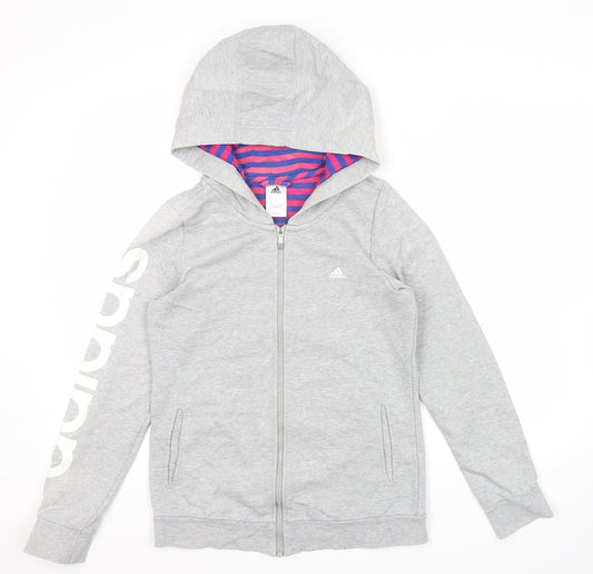 Adidas Women Grey Full Zip Hoodie Size 10 Regular Fit Logo Sportswear