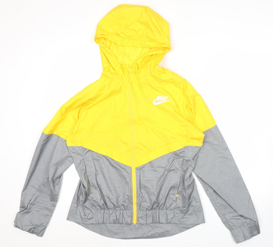 Nike Womens Yellow Grey Windbreaker Jacket L Hooded Full Zip