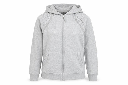 Front view of Adidas women’s grey full zip hoodie, size UK 10, uk cotton blend