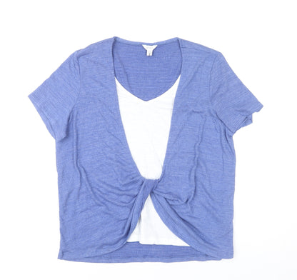 M&Co Women’s Blue Short Sleeve V-Neck Knot Front Tunic Top UK 14