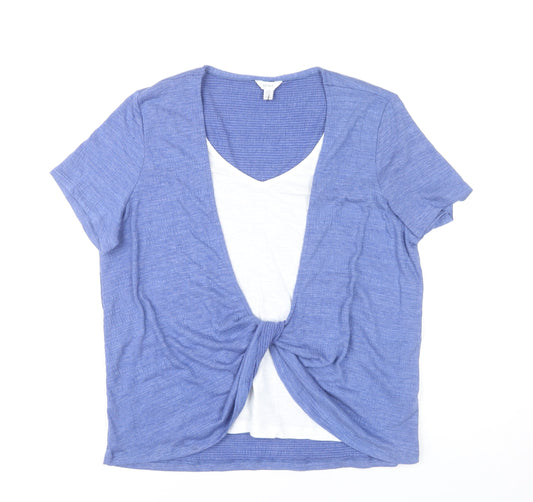 M&Co Women’s Blue Short Sleeve V-Neck Knot Front Tunic Top UK 14