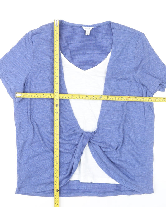 M&Co Women’s Blue Short Sleeve V-Neck Knot Front Tunic Top UK 14