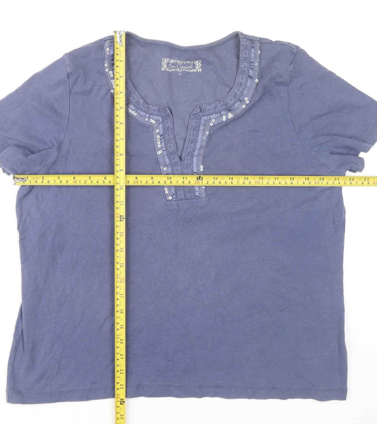 Bm Women’s Blue Cotton Sequin Scoop Neck Short Sleeve T-Shirt L