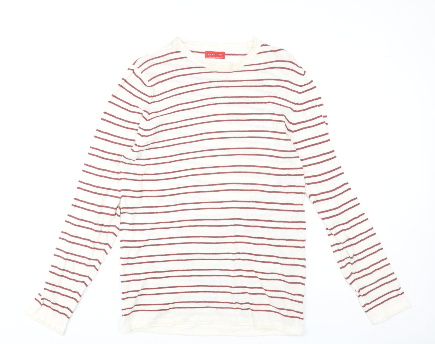 Zara Man Men's White Striped Cotton Pullover Jumper Size M