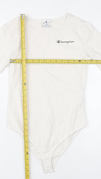 Champion Women Ivory Bodysuit L Scoop Neck Logo Cotton Stretch