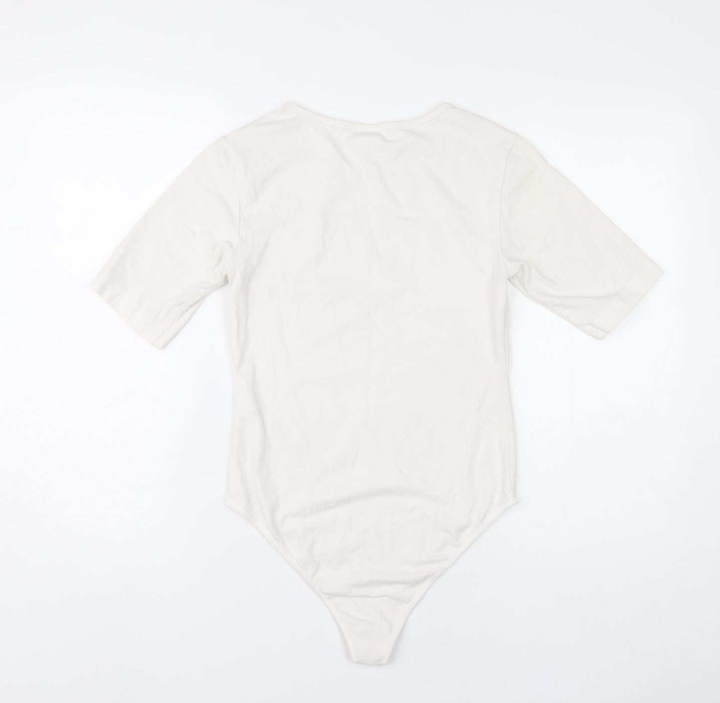 Champion Women Ivory Bodysuit L Scoop Neck Logo Cotton Stretch
