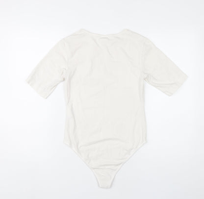 Champion Women Ivory Bodysuit L Scoop Neck Logo Cotton Stretch