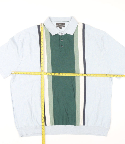 Marks and Spencer Men’s Blue Green Striped Polo Shirt 4XL Regular Fit