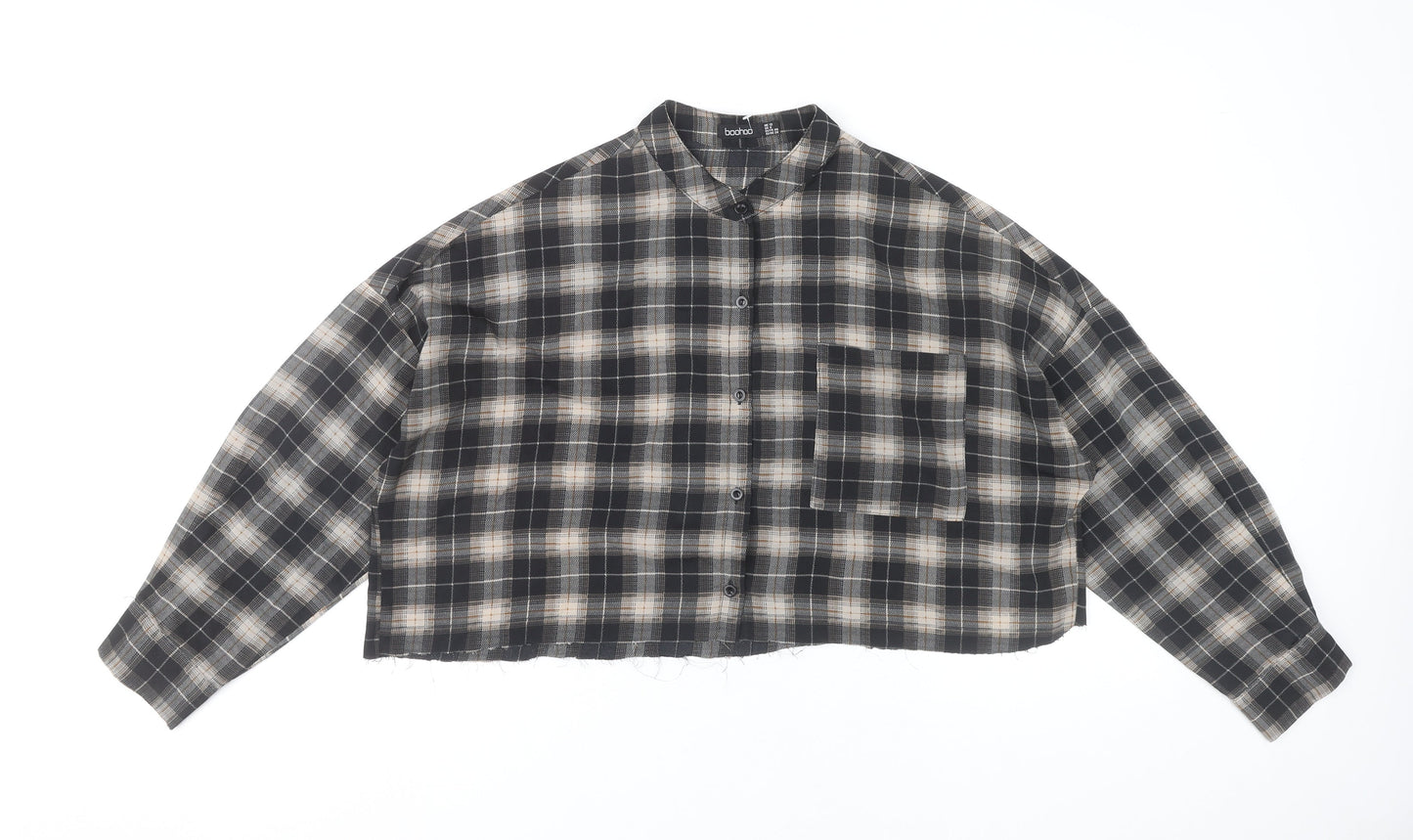 Boohoo Women Black Checked Cropped Button-Up Shirt UK 12