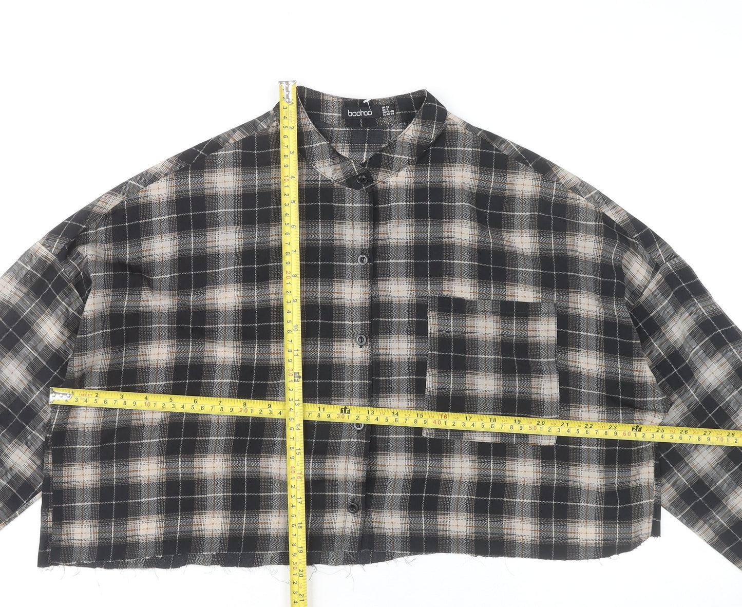 Boohoo Women Black Checked Cropped Button-Up Shirt UK 12