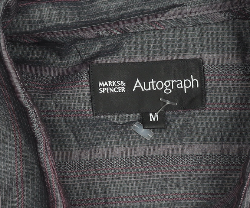 Marks and Spencer Men’s Grey Striped Short Sleeve Regular Fit Shirt M 38-40 in