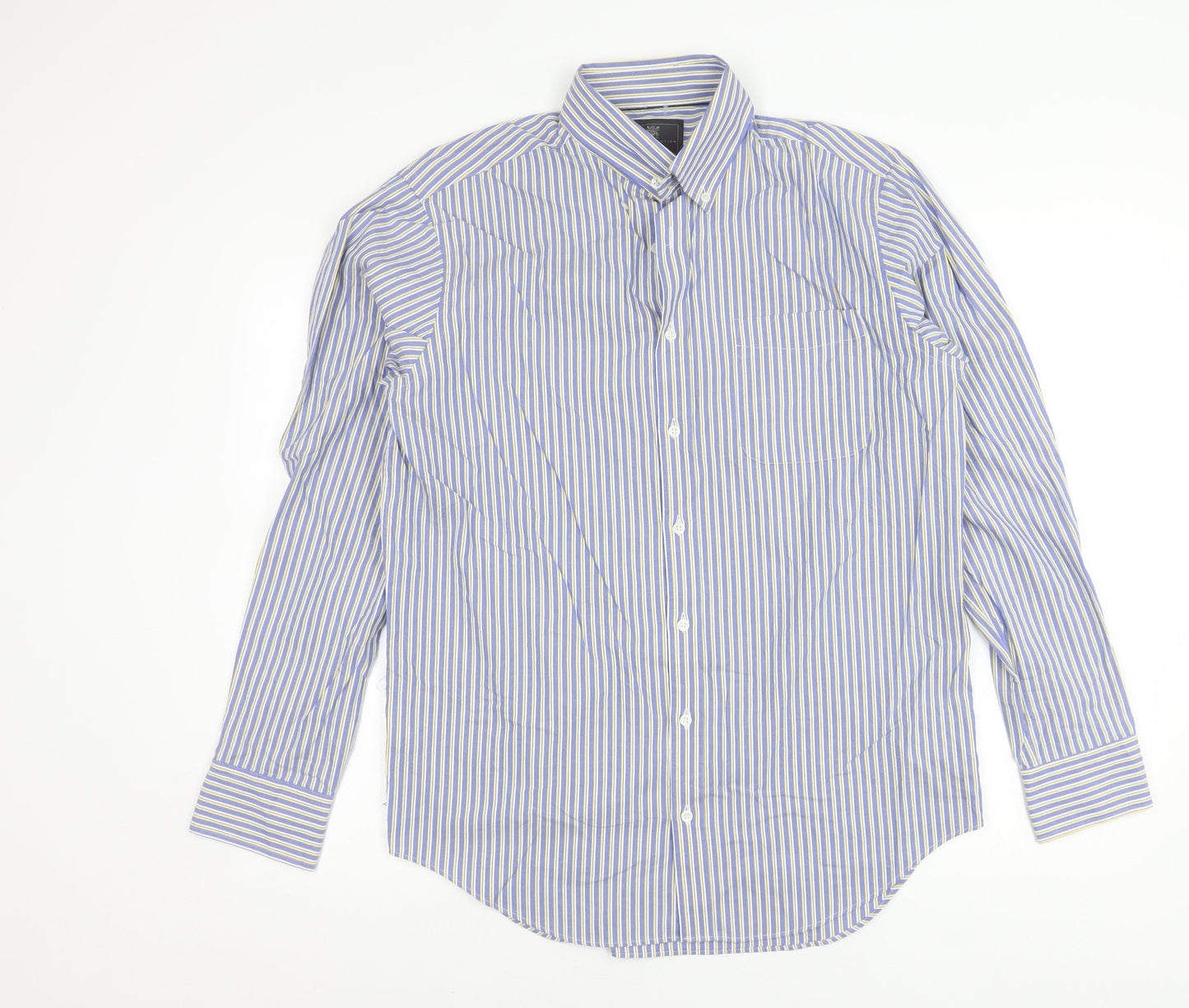 Marks and Spencer Men's Blue Striped Cotton Button-Up Shirt 15.5 Regular Fit
