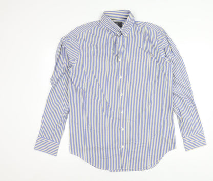 Marks and Spencer Men's Blue Striped Cotton Button-Up Shirt 15.5 Regular Fit