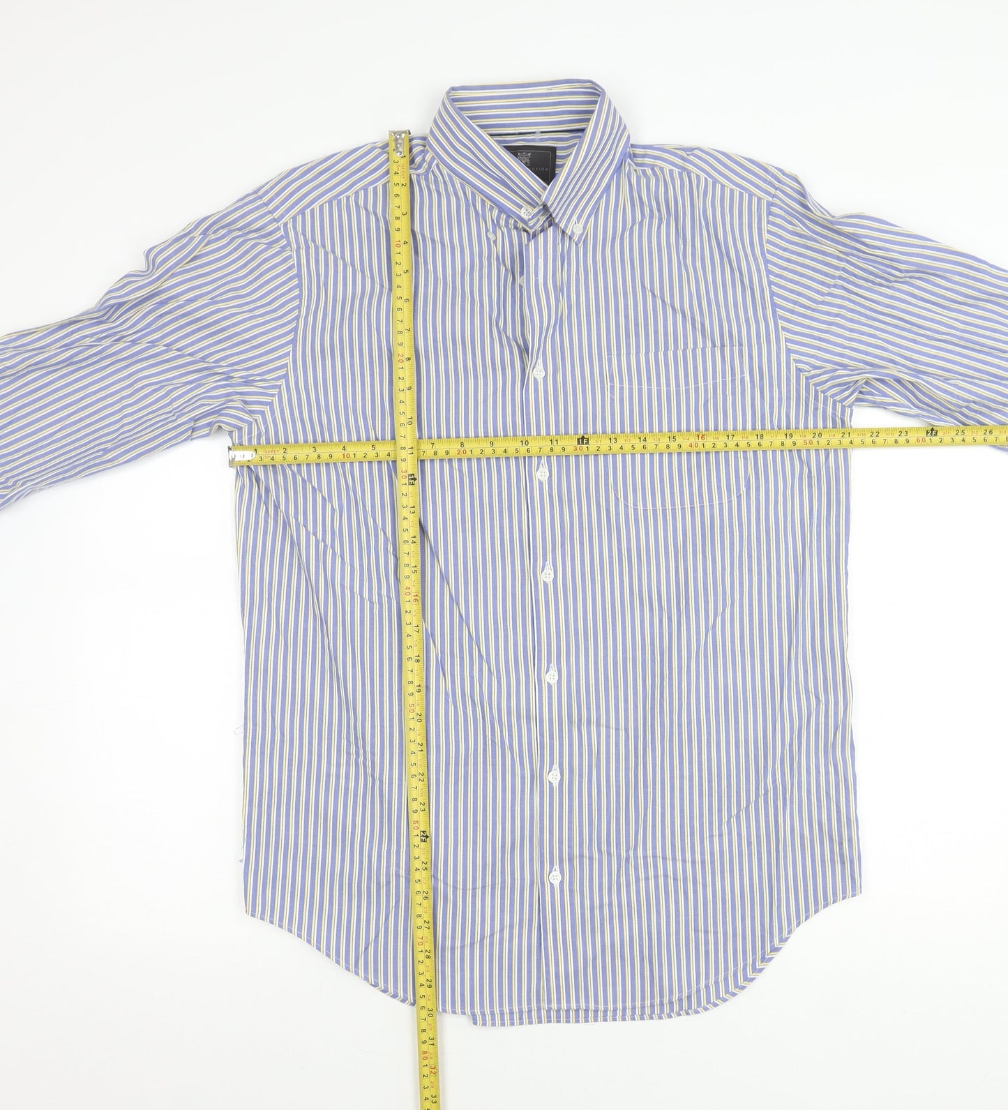 Marks and Spencer Men's Blue Striped Cotton Button-Up Shirt 15.5 Regular Fit