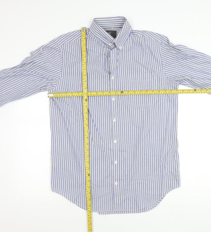 Marks and Spencer Men's Blue Striped Cotton Button-Up Shirt 15.5 Regular Fit